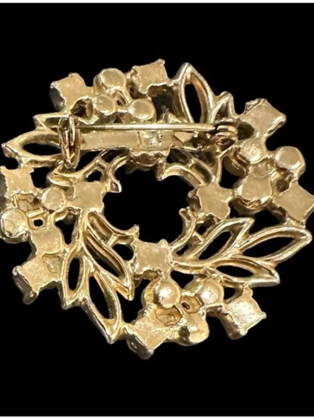 Vintage Wreath Brooch Gold Tone Faux Pearl AB Crystal Costume Jewelry Womens